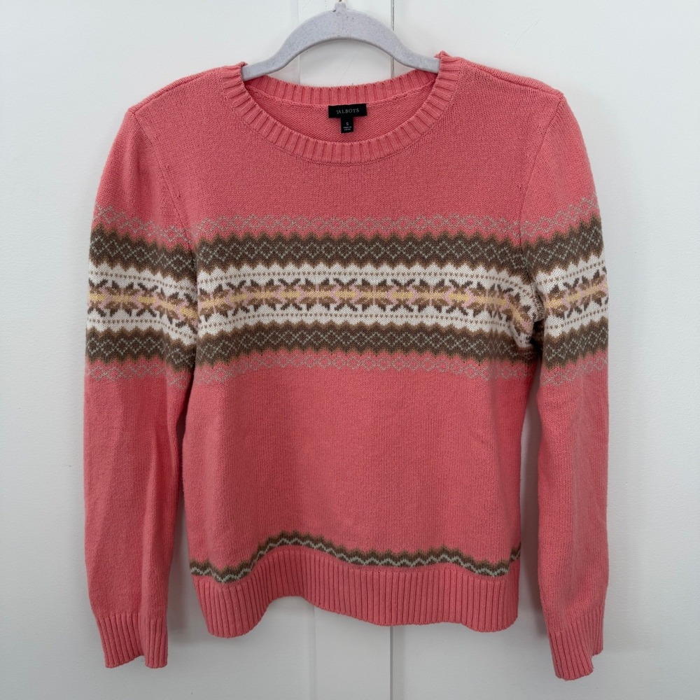 Talbots Pink Coral Green Fair Isle Sweater Crew Neck Classic Preppy Nordic Small